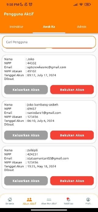 Rapor ASP KAI admin active user account screen