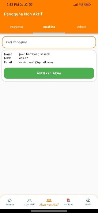 Rapor ASP KAI admin non-active user account screen