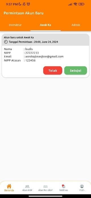 Rapor ASP KAI admin new account request screen