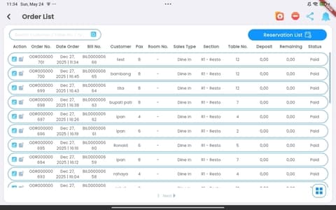 SIL POS Mobile order list screen
