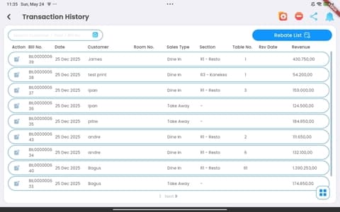 SIL POS Mobile transaction history screen