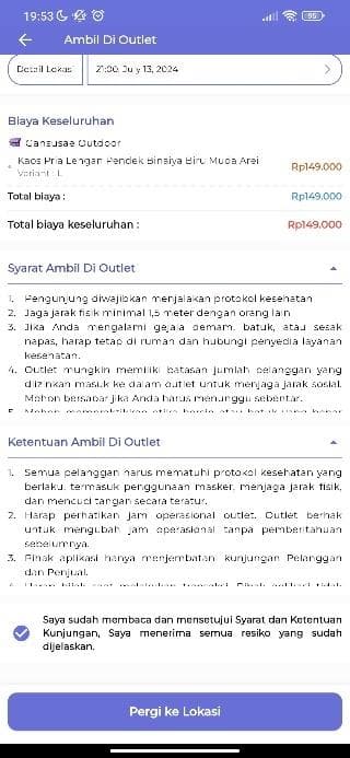 e-Gayams Mobile pickup order terms screen